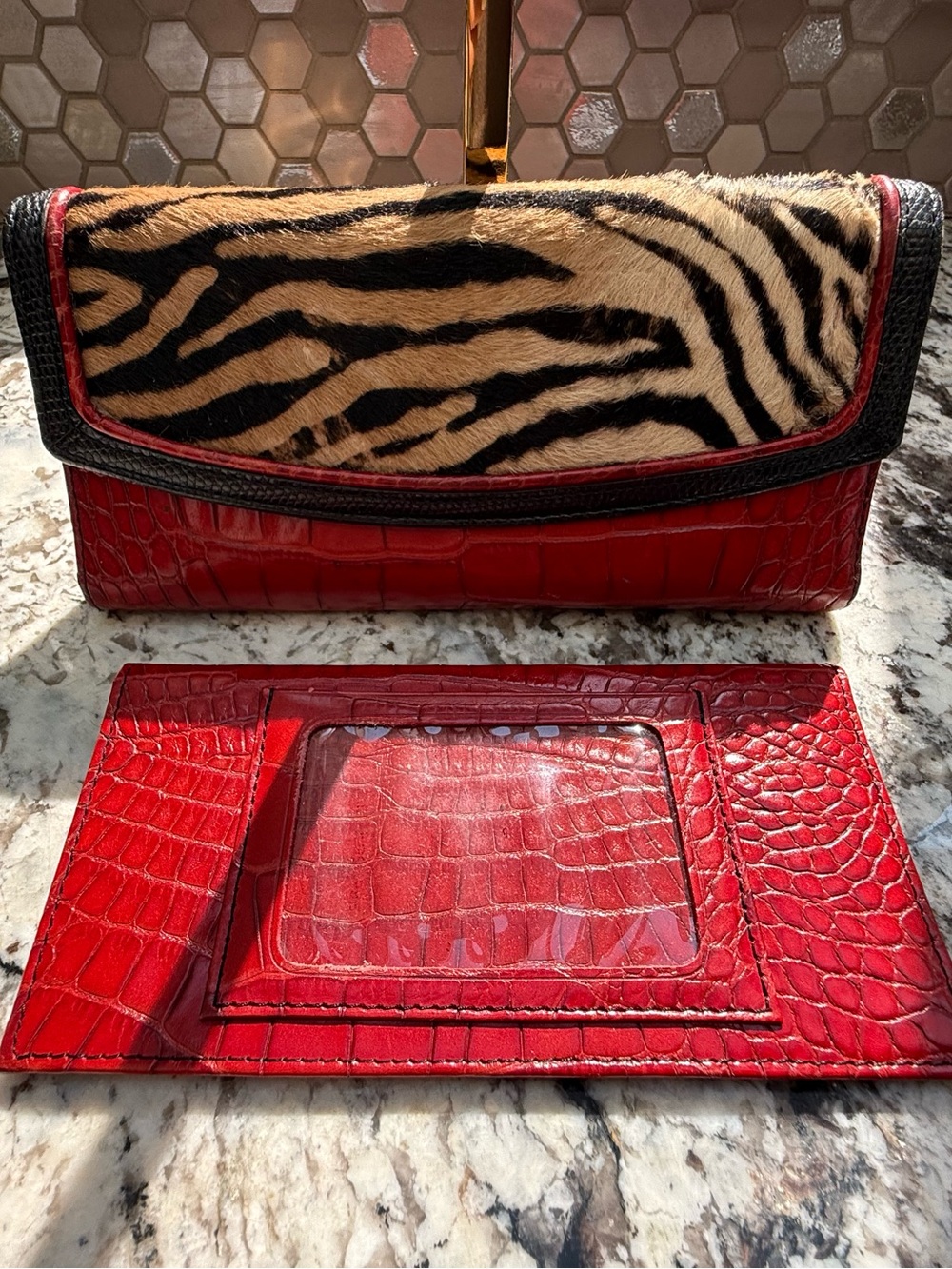 Red Croc-Embossed Clutch with Tiger Print Flap - Picture 4 of 9